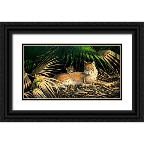 Sunny Spot Bobcat with Kittens Black Ornate Wood Framed Art Print with Double Matting by Goebel, Wilhelm