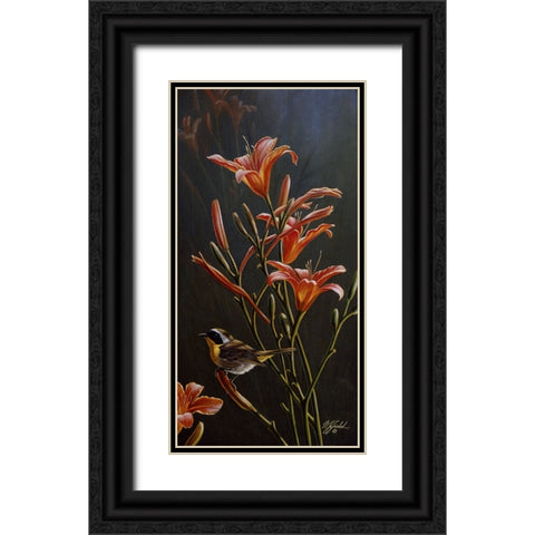 Yellowthroat And Daylilies Black Ornate Wood Framed Art Print with Double Matting by Goebel, Wilhelm