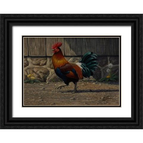 Barnyard Strut - Bantam Rooster Black Ornate Wood Framed Art Print with Double Matting by Goebel, Wilhelm