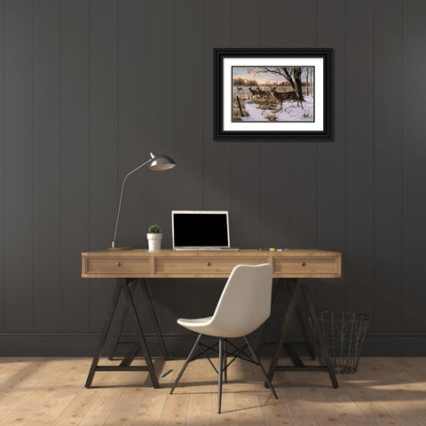 Cautious Crossing - Whitetails Black Ornate Wood Framed Art Print with Double Matting by Goebel, Wilhelm