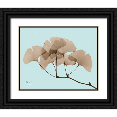 Gingko Leaves Brown on Blue Black Ornate Wood Framed Art Print with Double Matting by Koetsier, Albert