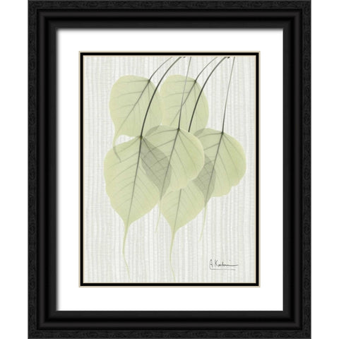 Bo Tree Leaves in Green on Stripes Black Ornate Wood Framed Art Print with Double Matting by Koetsier, Albert