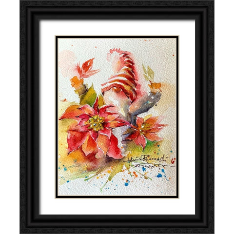Gnome With Poinsettias Black Ornate Wood Framed Art Print with Double Matting by Rudraksi, Ashwini