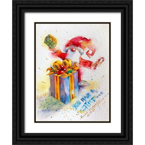 Santa With Gift Black Ornate Wood Framed Art Print with Double Matting by Rudraksi, Ashwini
