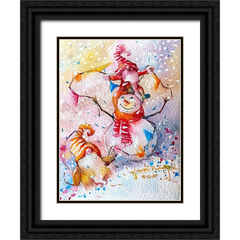 Snowman With Gnome Black Ornate Wood Framed Art Print with Double Matting by Rudraksi, Ashwini