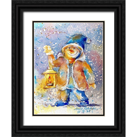 Snowman With Lantern Black Ornate Wood Framed Art Print with Double Matting by Rudraksi, Ashwini