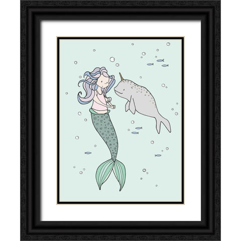 Mermaid And Narwhal Buddies Black Ornate Wood Framed Art Print with Double Matting by Sweet Melody Designs