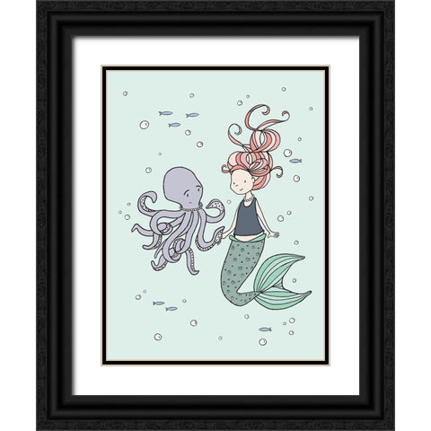 Mermaid And Octopus Buddies Black Ornate Wood Framed Art Print with Double Matting by Sweet Melody Designs