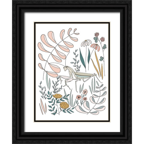 Praying Mantis Floral Black Ornate Wood Framed Art Print with Double Matting by Sweet Melody Designs