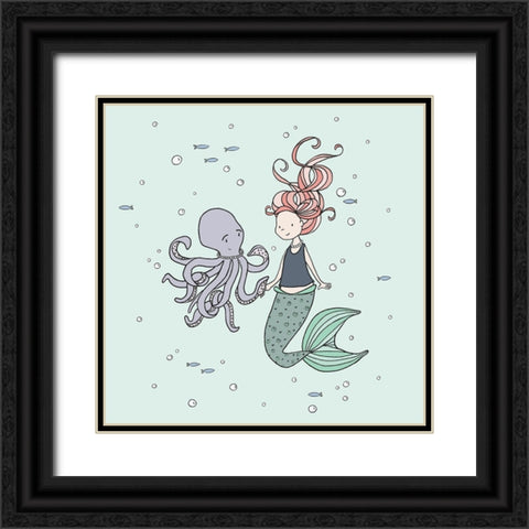 Mermaid And Octopus Buddies Black Ornate Wood Framed Art Print with Double Matting by Sweet Melody Designs