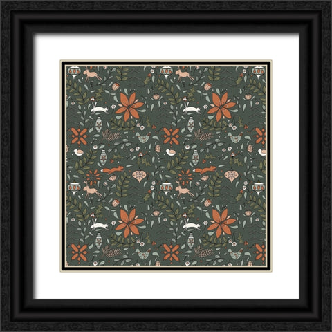 Festive Folk Pattern Deep Green Black Ornate Wood Framed Art Print with Double Matting by Sweet Melody Designs