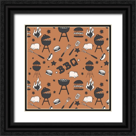 BBQ Grill Pattern Black Ornate Wood Framed Art Print with Double Matting by Sweet Melody Designs