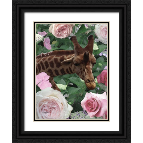 Floral Giraffe Black Ornate Wood Framed Art Print with Double Matting by Stimson, Diane