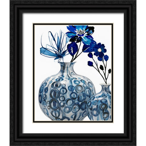 Blue Floral In Pots Black Ornate Wood Framed Art Print with Double Matting by Keith, Jesse