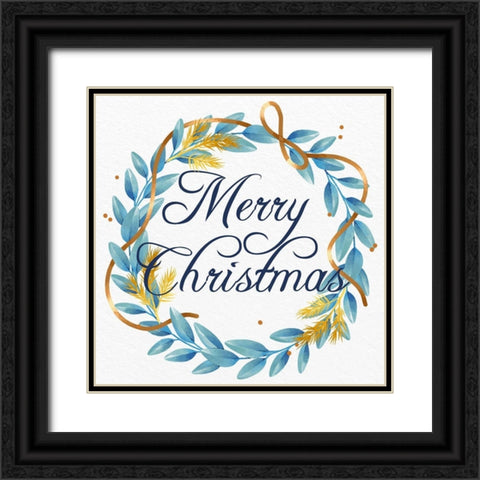 Merry Christmas Wreath Blues Black Ornate Wood Framed Art Print with Double Matting by Allen, Kimberly