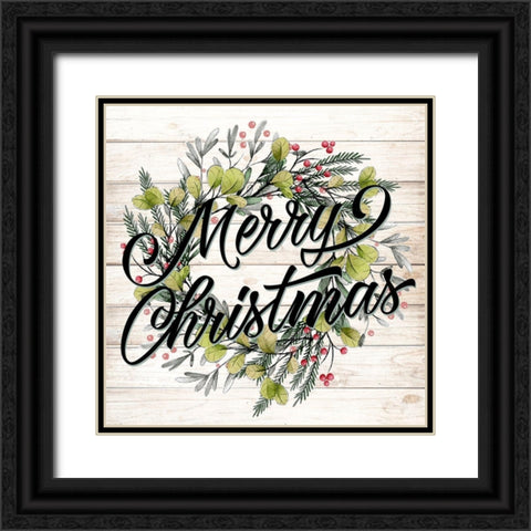 Merry Christmas Wreath Black Ornate Wood Framed Art Print with Double Matting by Allen, Kimberly