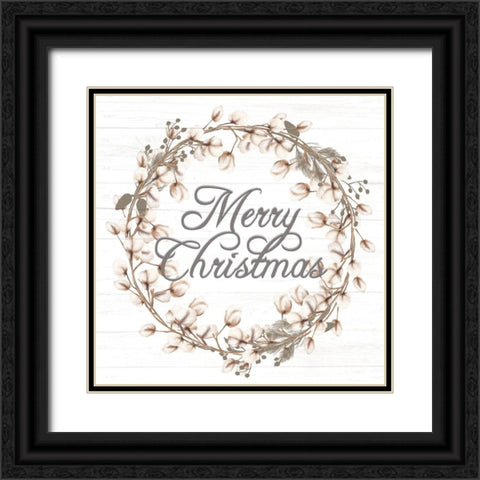 Merry Christmas Cotton Wreath Black Ornate Wood Framed Art Print with Double Matting by Allen, Kimberly
