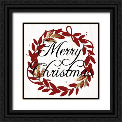 Merry Christmas Wreath Reds Black Ornate Wood Framed Art Print with Double Matting by Allen, Kimberly