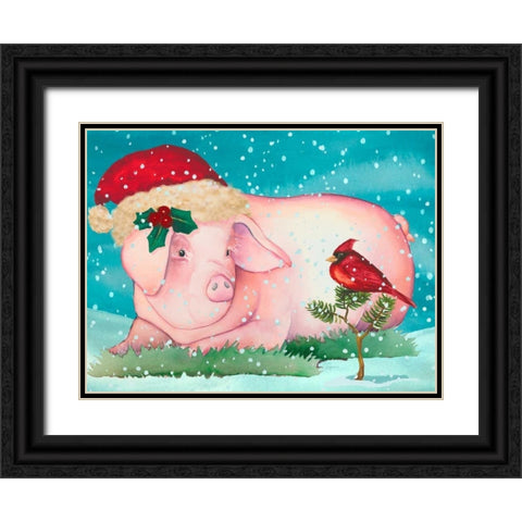 Christmas Pig And Friend Black Ornate Wood Framed Art Print with Double Matting by Korsgaden, Laurie