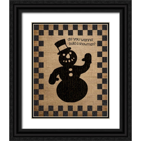 Burlap Christmas Snowman Black Ornate Wood Framed Art Print with Double Matting by Hogan, Melody