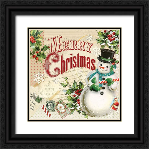 Merry Xmas Snowman Black Ornate Wood Framed Art Print with Double Matting by Lula Bijoux And Company