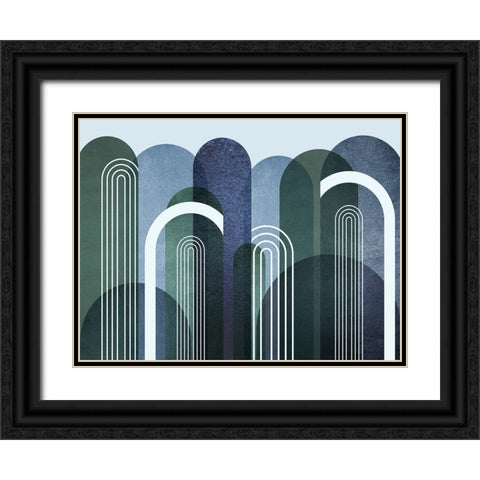 Mid Century Arches Navy Emerald Black Ornate Wood Framed Art Print with Double Matting by Urban Epiphany
