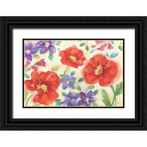 Summer Peonies, Red Black Ornate Wood Framed Art Print with Double Matting by Nan