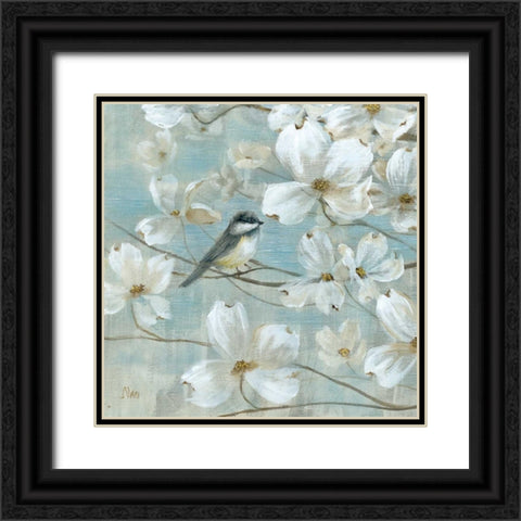Chickadees and Dogwood Black Ornate Wood Framed Art Print with Double Matting by Nan