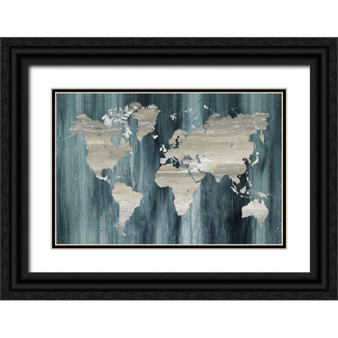 Navy World Map Black Ornate Wood Framed Art Print with Double Matting by Nan