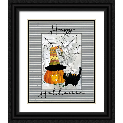 Happy Halloween Pumpkin Black Ornate Wood Framed Art Print with Double Matting by Robinson, Carol