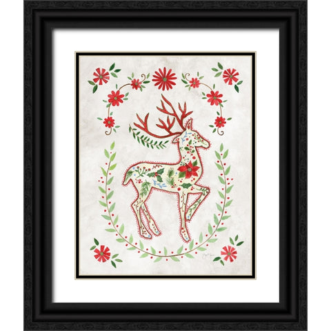 Christmas Folk Reindeer Black Ornate Wood Framed Art Print with Double Matting by Tava Studios