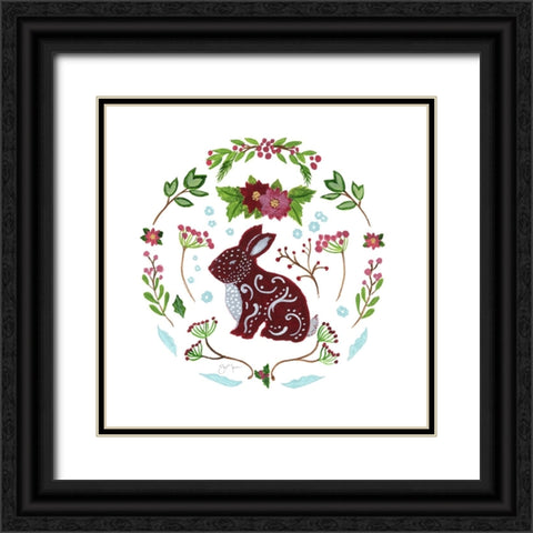 Christmas Folk Rabbit Black Ornate Wood Framed Art Print with Double Matting by Tava Studios