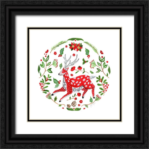 Christmas Folk Deer Black Ornate Wood Framed Art Print with Double Matting by Tava Studios