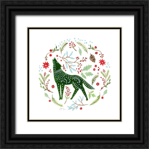 Christmas Folk Wolf Black Ornate Wood Framed Art Print with Double Matting by Tava Studios