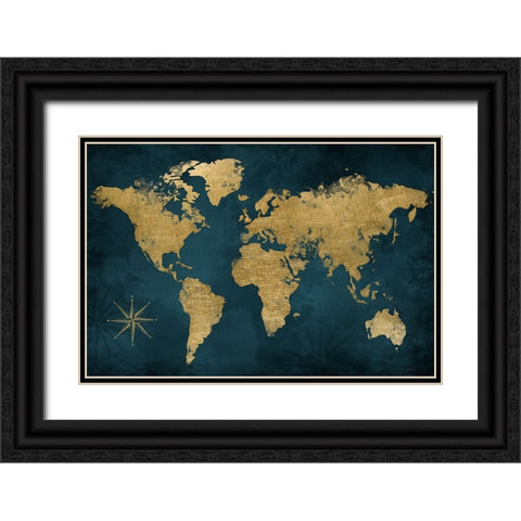 Navy Gold Map Black Ornate Wood Framed Art Print with Double Matting by Carpentieri, Natalie
