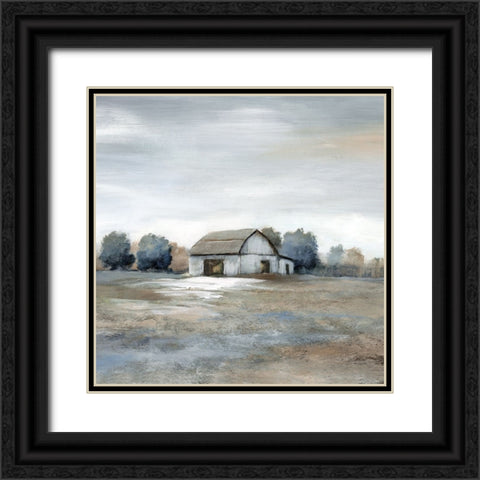 Pasture and White Barn Black Ornate Wood Framed Art Print with Double Matting by Nan