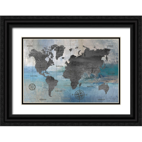 World Map Blue and Gray Black Ornate Wood Framed Art Print with Double Matting by Nan