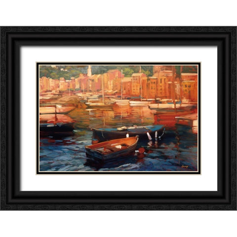 Anchored Boats - Portofino Black Ornate Wood Framed Art Print with Double Matting by Craig, Philip