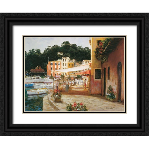 Morning Stroll - Portofino Black Ornate Wood Framed Art Print with Double Matting by Bates, George
