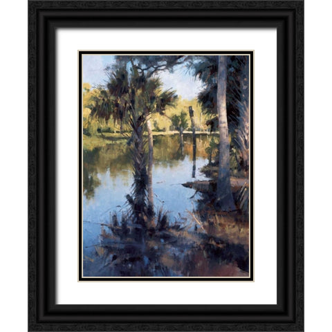Palms on Water I Black Ornate Wood Framed Art Print with Double Matting by Moore, Larry