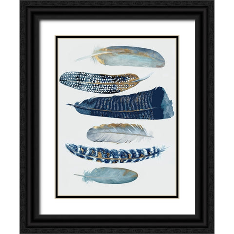 Blue and Gold Feathers I Black Ornate Wood Framed Art Print with Double Matting by Hatfield, Jodi