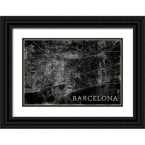 Map Barcelona Black Black Ornate Wood Framed Art Print with Double Matting by PI Studio