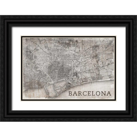 Map Barcelona Beige Black Ornate Wood Framed Art Print with Double Matting by PI Studio