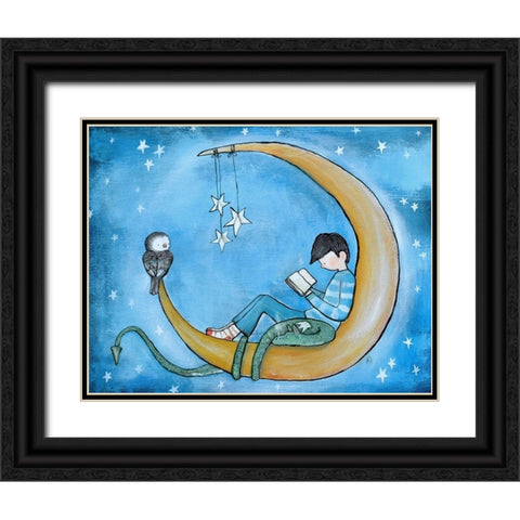 Boy Reading On Moon Black Ornate Wood Framed Art Print with Double Matting by Doss, Andrea