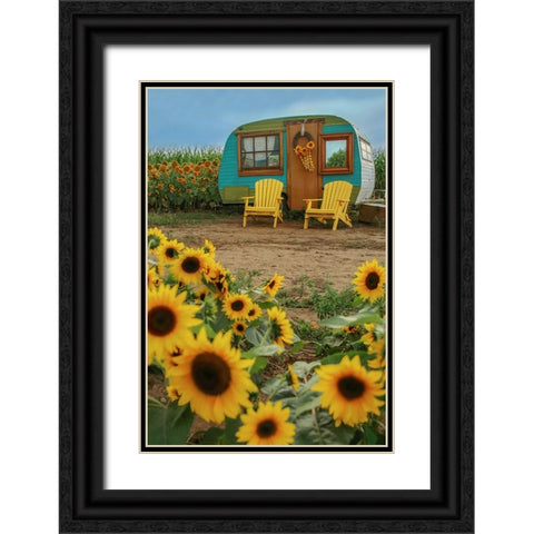 Vintage Camper and Sunflowers 1 Black Ornate Wood Framed Art Print with Double Matting by Grippo-Pike, Carrie Ann