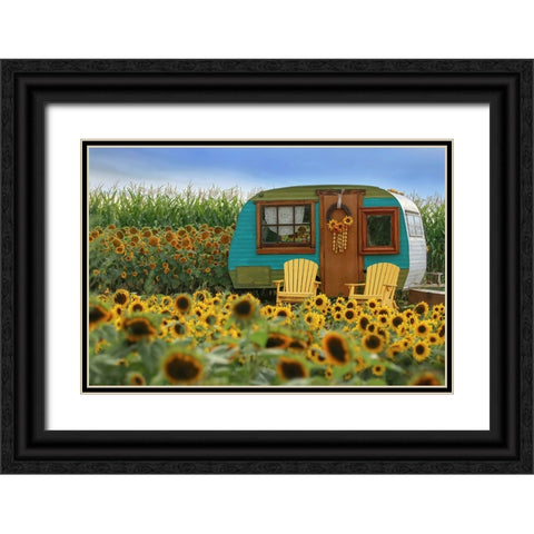 Vintage Camper and Sunflowers 2 Black Ornate Wood Framed Art Print with Double Matting by Grippo-Pike, Carrie Ann
