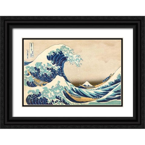 The Great Wave off Kanagawa Black Ornate Wood Framed Art Print with Double Matting by Hokusai, Katsushika