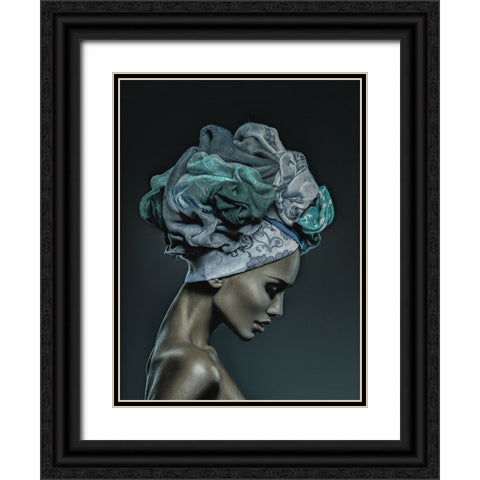 Woman in Thought, Teal Black Ornate Wood Framed Art Print with Double Matting by Incado