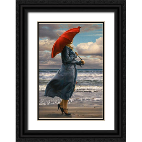 Red Umbrella Black Ornate Wood Framed Art Print with Double Matting by Kelley, Paul