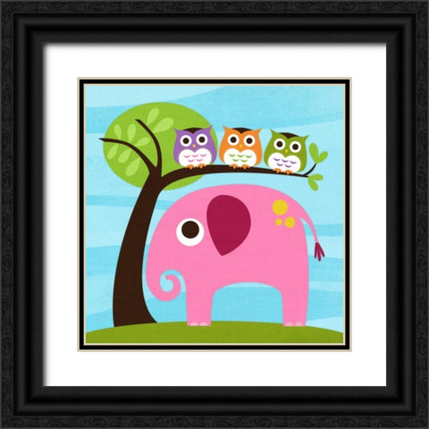Elephant with Three Owls Black Ornate Wood Framed Art Print with Double Matting by Lee, Nancy